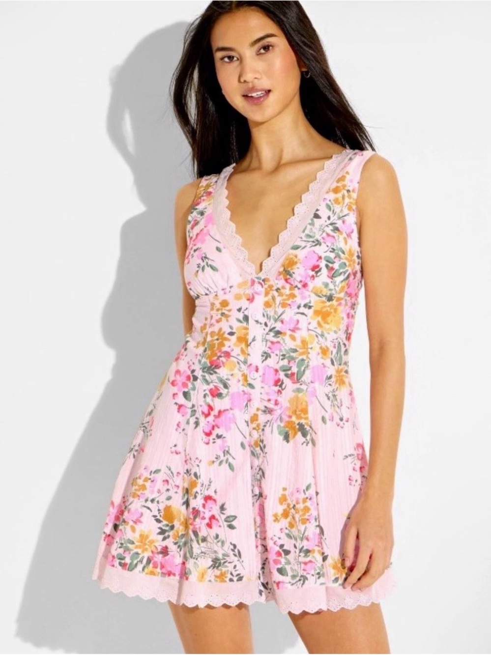 V-Neck Mini Dress Button Front Floral Lace Large 100% Cotton Retail $35
